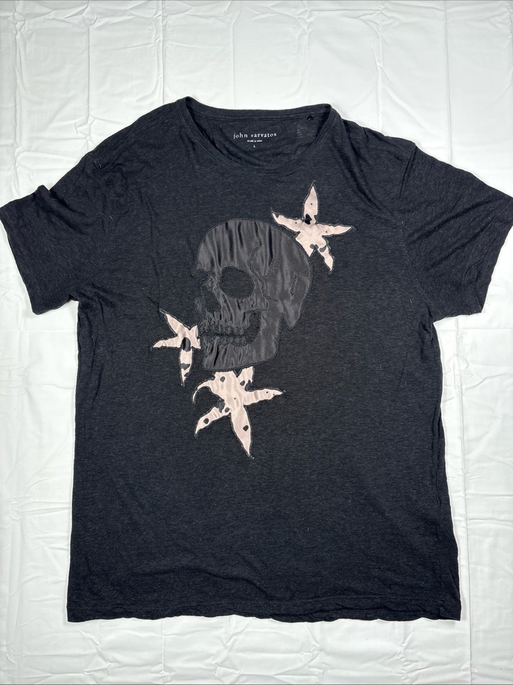 John Varvatos Black Tee with Pale Pink Starburst Skull